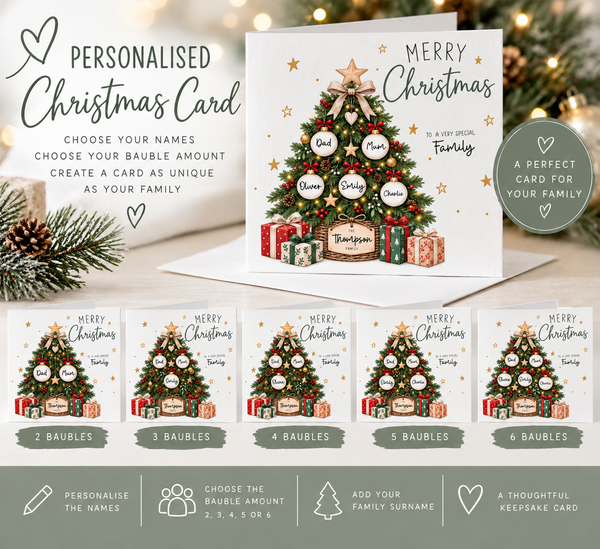 Personalised Christmas Card Family Names Custom Bauble Tree Mum Dad Kids Xmas