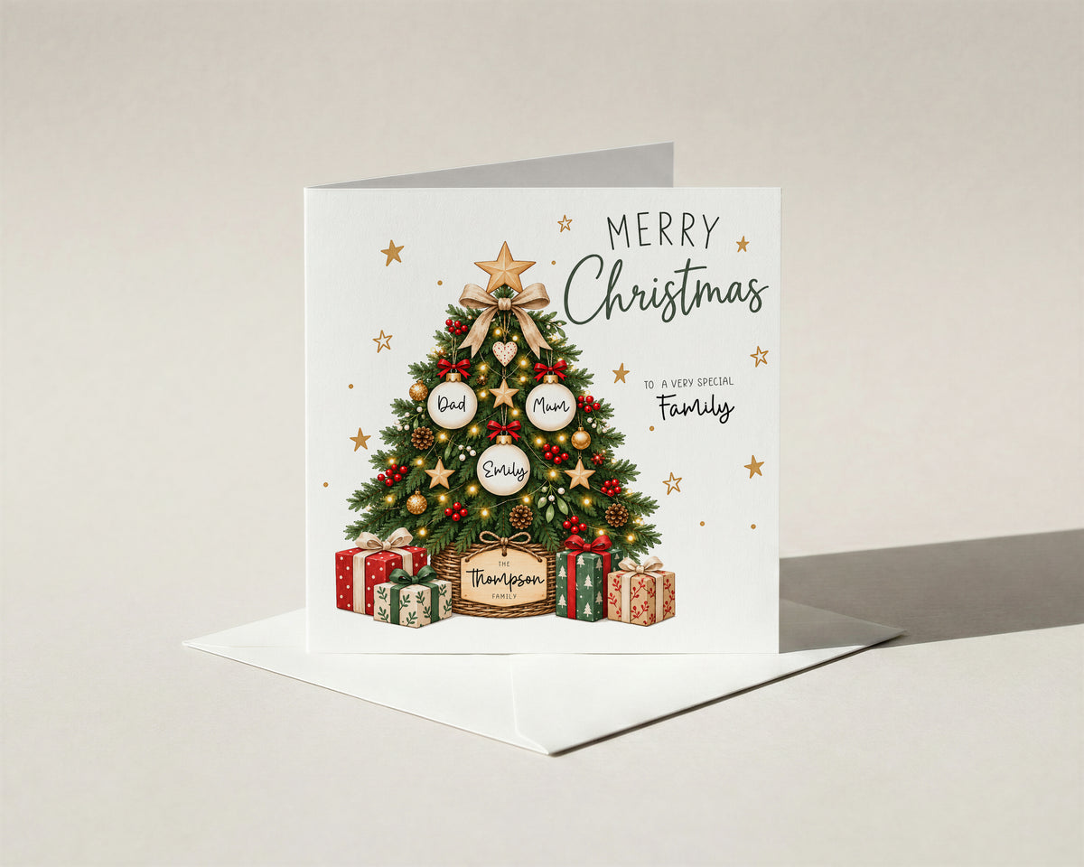 Personalised Christmas Card Family Names Custom Bauble Tree Mum Dad Kids Xmas
