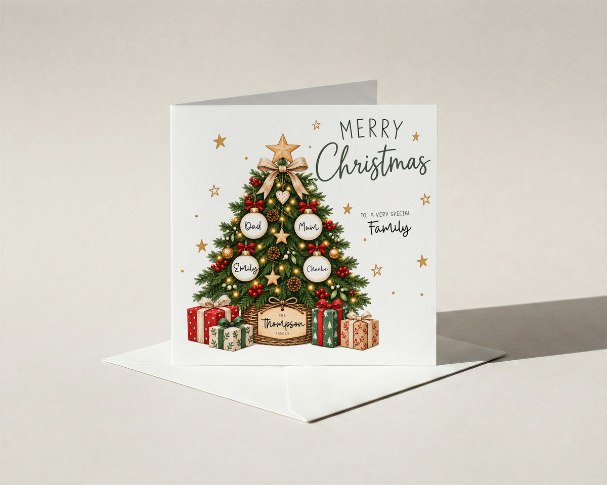 Personalised Christmas Card Family Names Custom Bauble Tree Mum Dad Kids Xmas