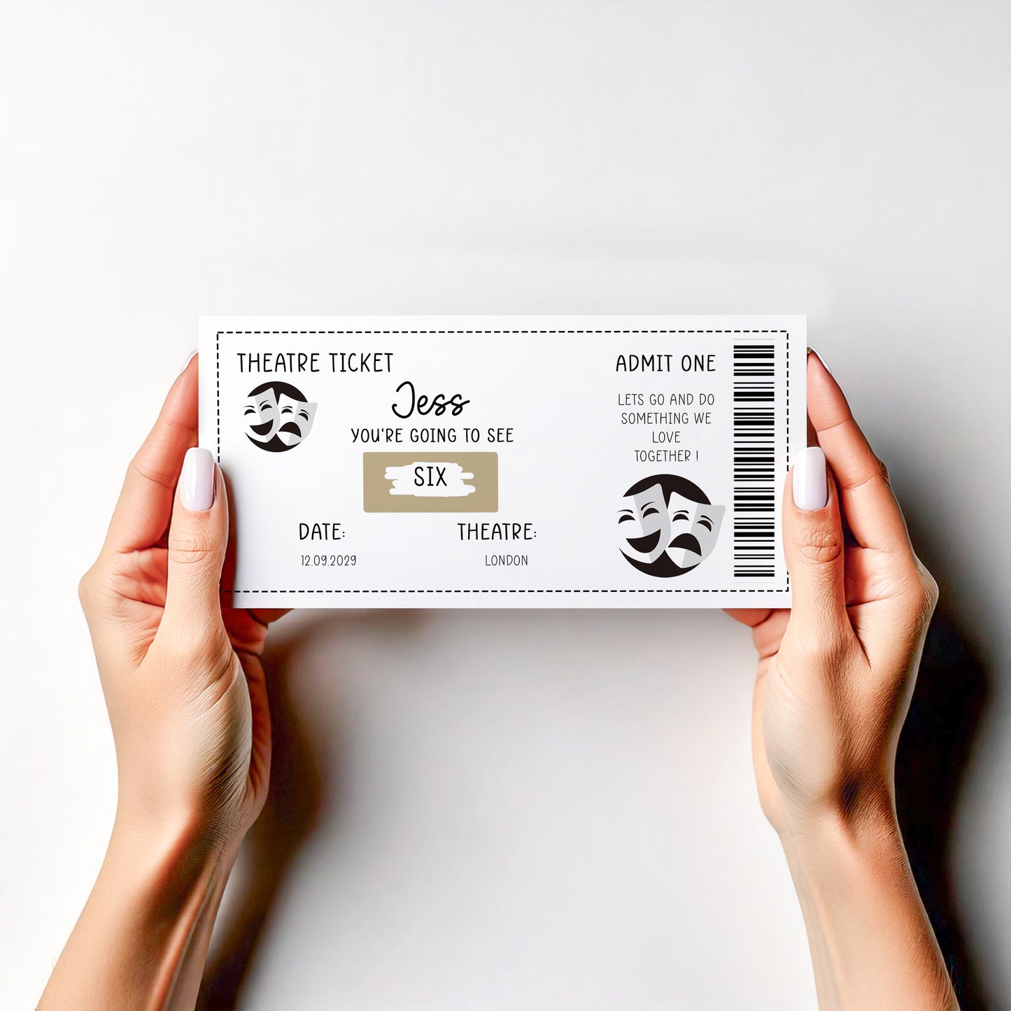 Personalised Show Ticket Card – Scratch‑Off Surprise Theatre & Musical Gift, Birthday or Anniversary Reveal