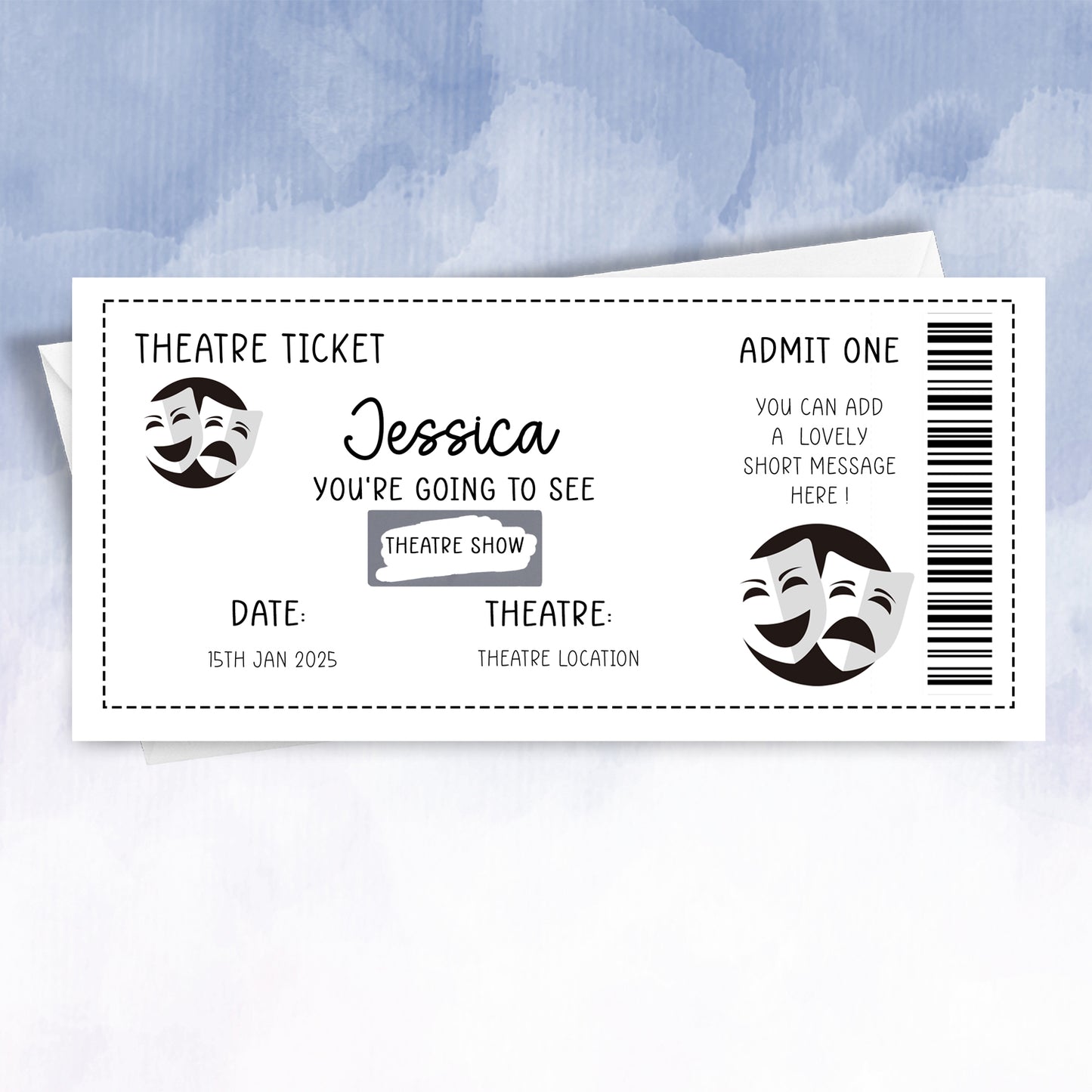 Personalised Show Ticket Card – Scratch‑Off Surprise Theatre & Musical Gift, Birthday or Anniversary Reveal