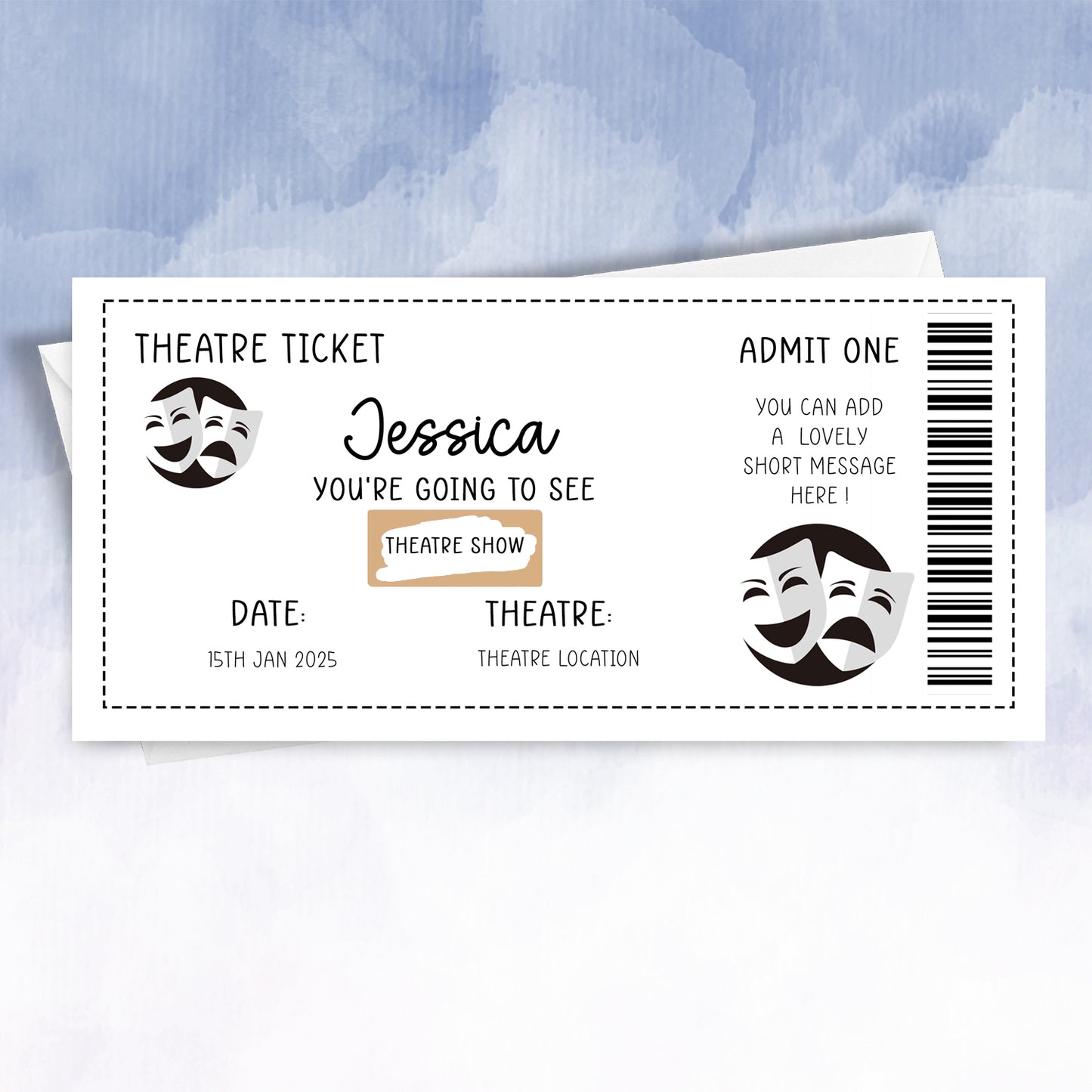 Personalised Show Ticket Card – Scratch‑Off Surprise Theatre & Musical Gift, Birthday or Anniversary Reveal