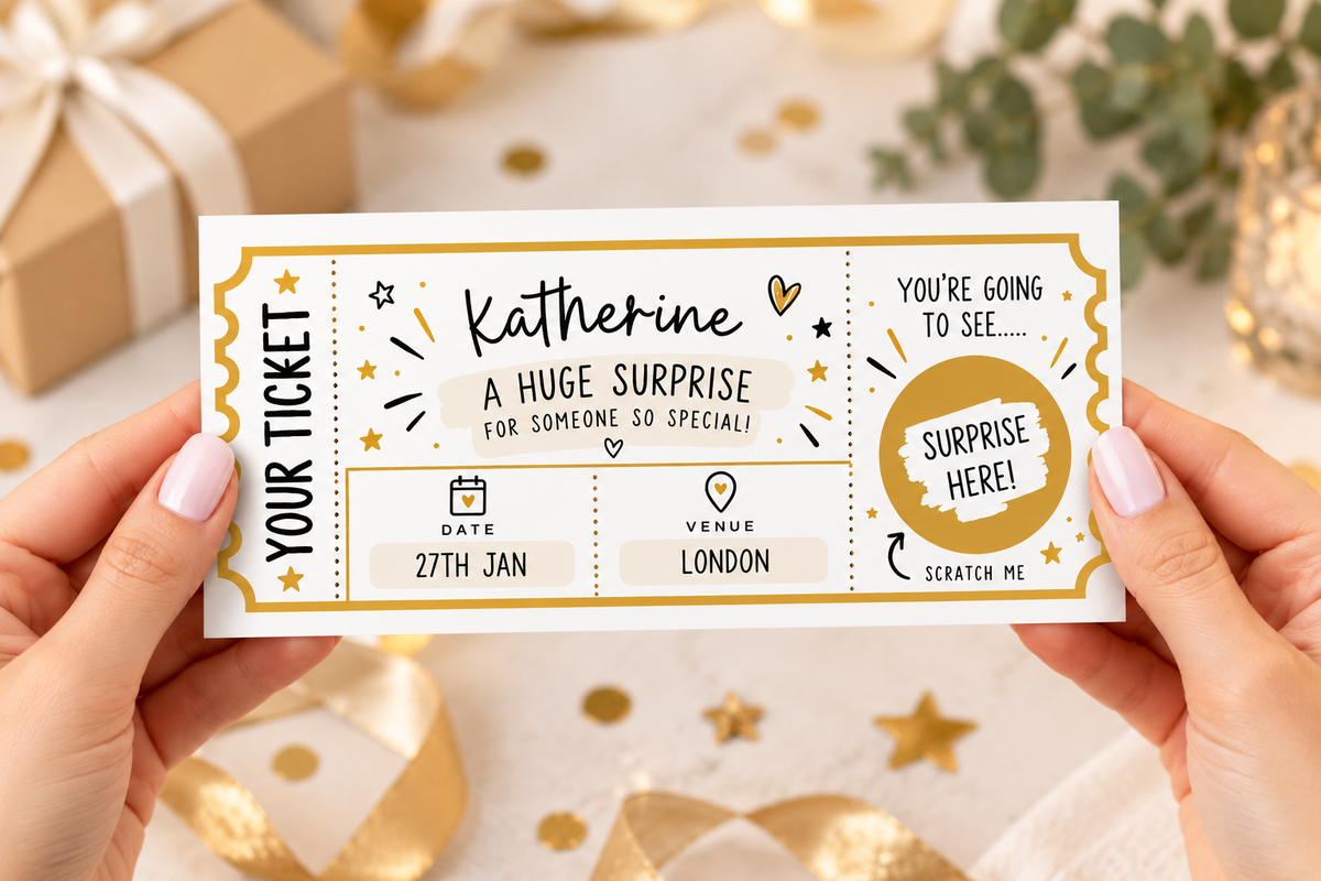 Personalised Christmas Surprise Ticket Scratch Off Card Concert Theatre Gig Gift Reveal