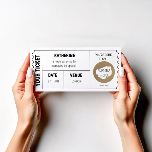 Personalised Surprise Card – Theatre Show Scratch-Off Ticket Reveal Birthday Gig