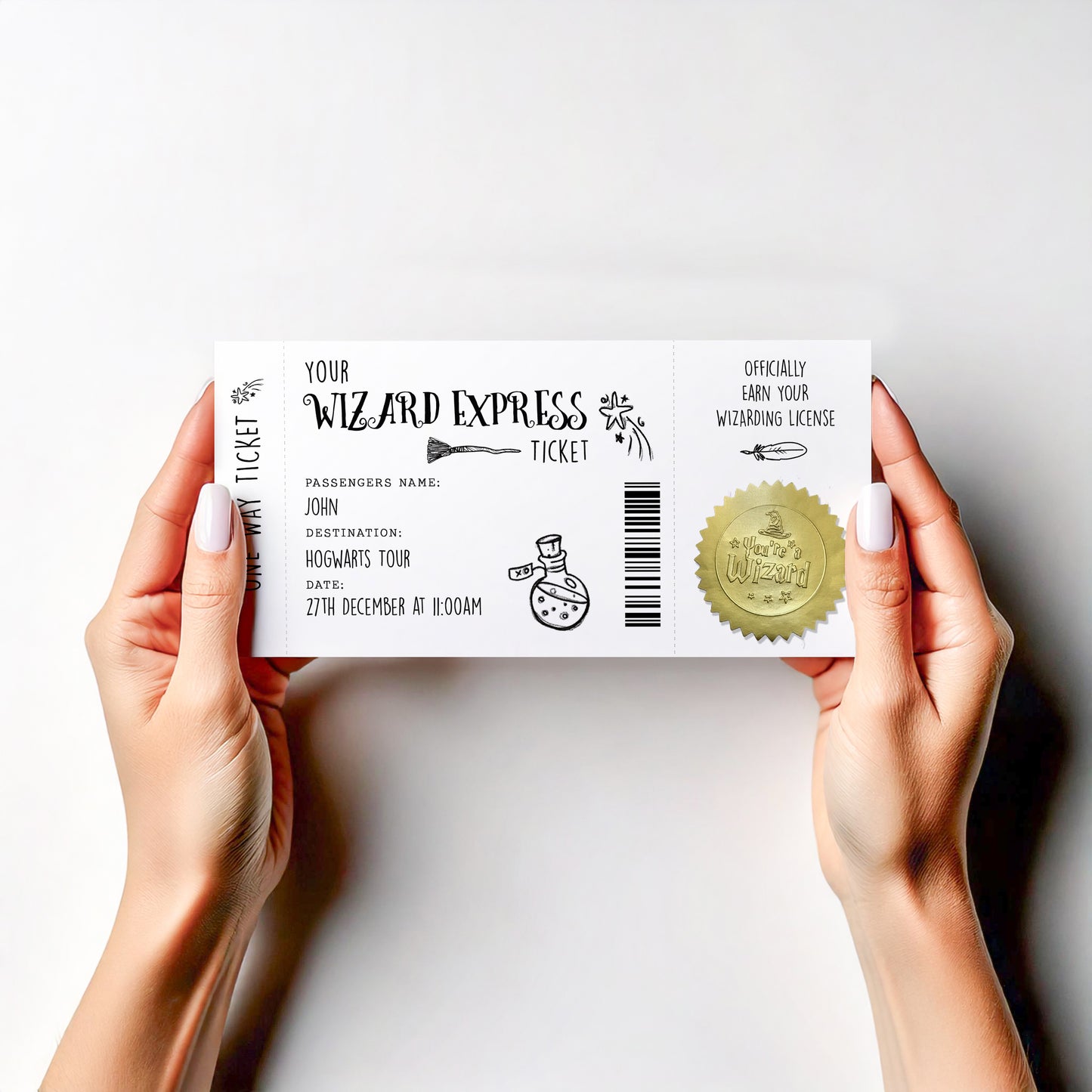 Personalised Wizard Train Ticket Reveal Card – Magical Tour Announcement • Hand‑Stamped Seal