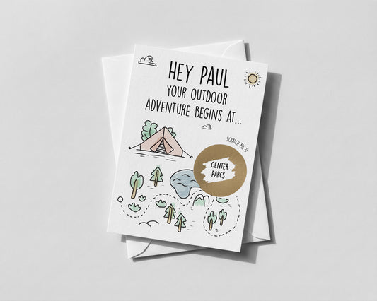 Personalised Camping Adventure Card Center Parcs Scratch Off Reveal Holiday