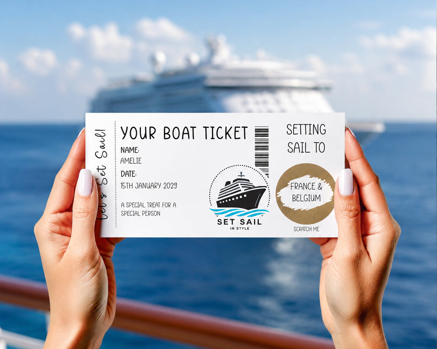 Personalised Cruise Reveal Card – Scratch Off Boarding Pass, Surprise Holiday Announcement