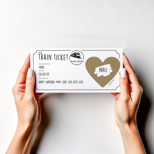 Personalised Train Ticket Scratch Card – Surprise Destination Reveal – Custom Travel Gift