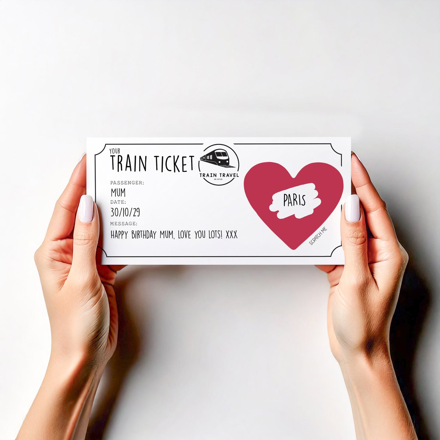 Personalised Train Ticket Scratch Card – Surprise Destination Reveal – Custom Travel Gift