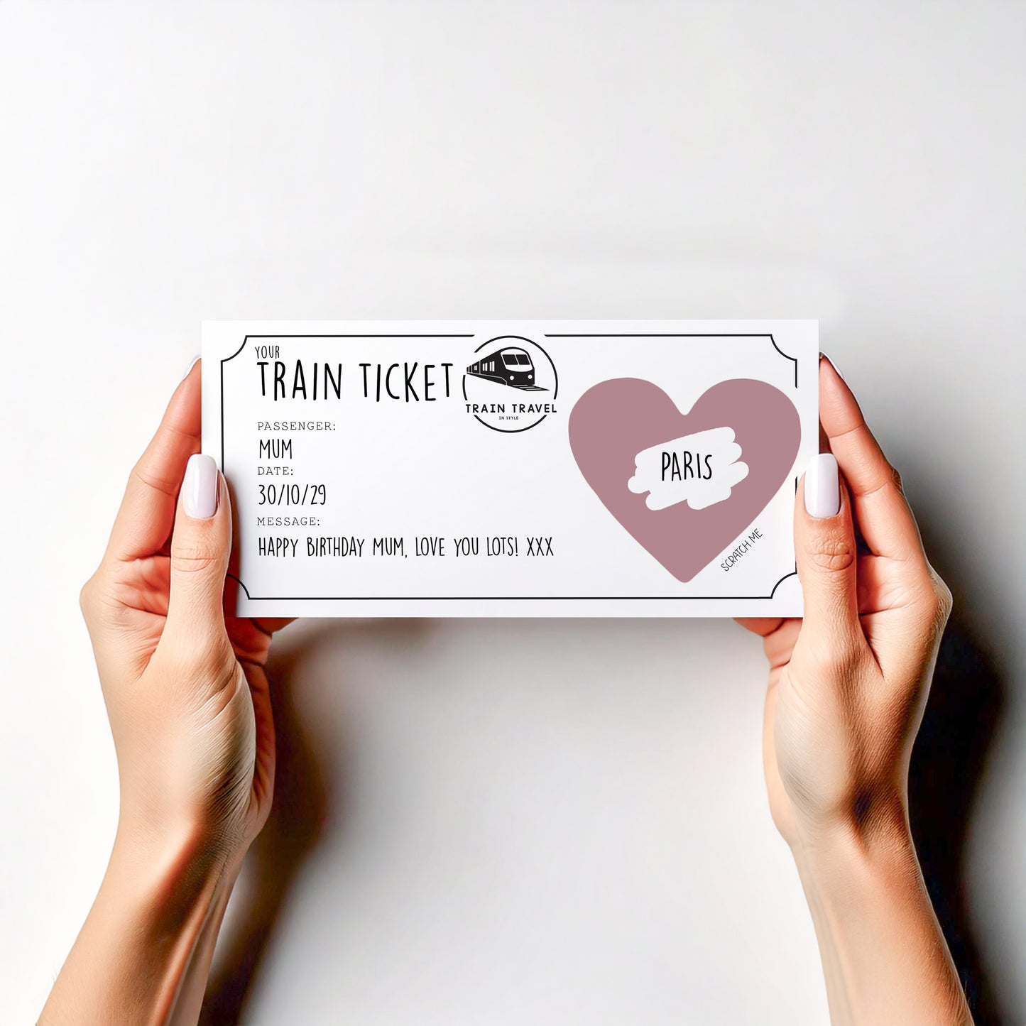 Personalised Train Ticket Scratch Card – Surprise Destination Reveal – Custom Travel Gift