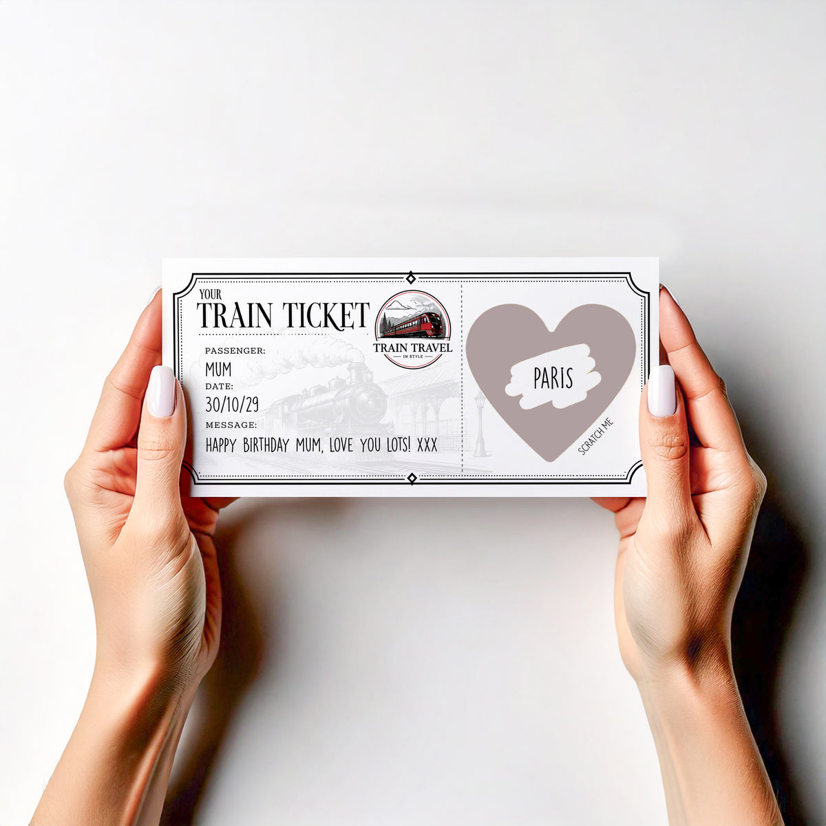 Personalised Train Ticket Scratch Off Card Heart Surprise Trip Reveal Gift Voucher