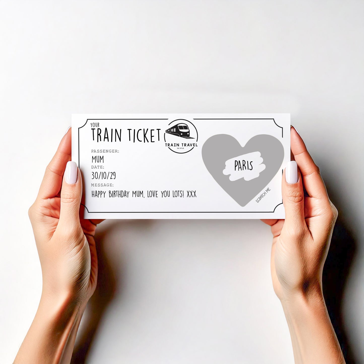 Personalised Train Ticket Scratch Card – Surprise Destination Reveal – Custom Travel Gift