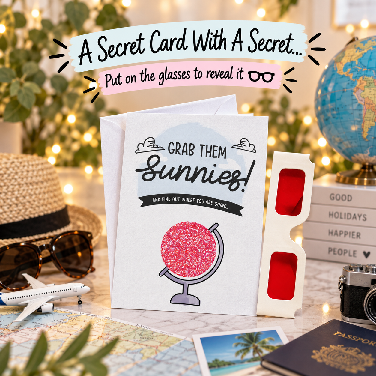 Personalised Holiday Reveal Card Surprise Trip Gift Secret Message Red Glasses Travel