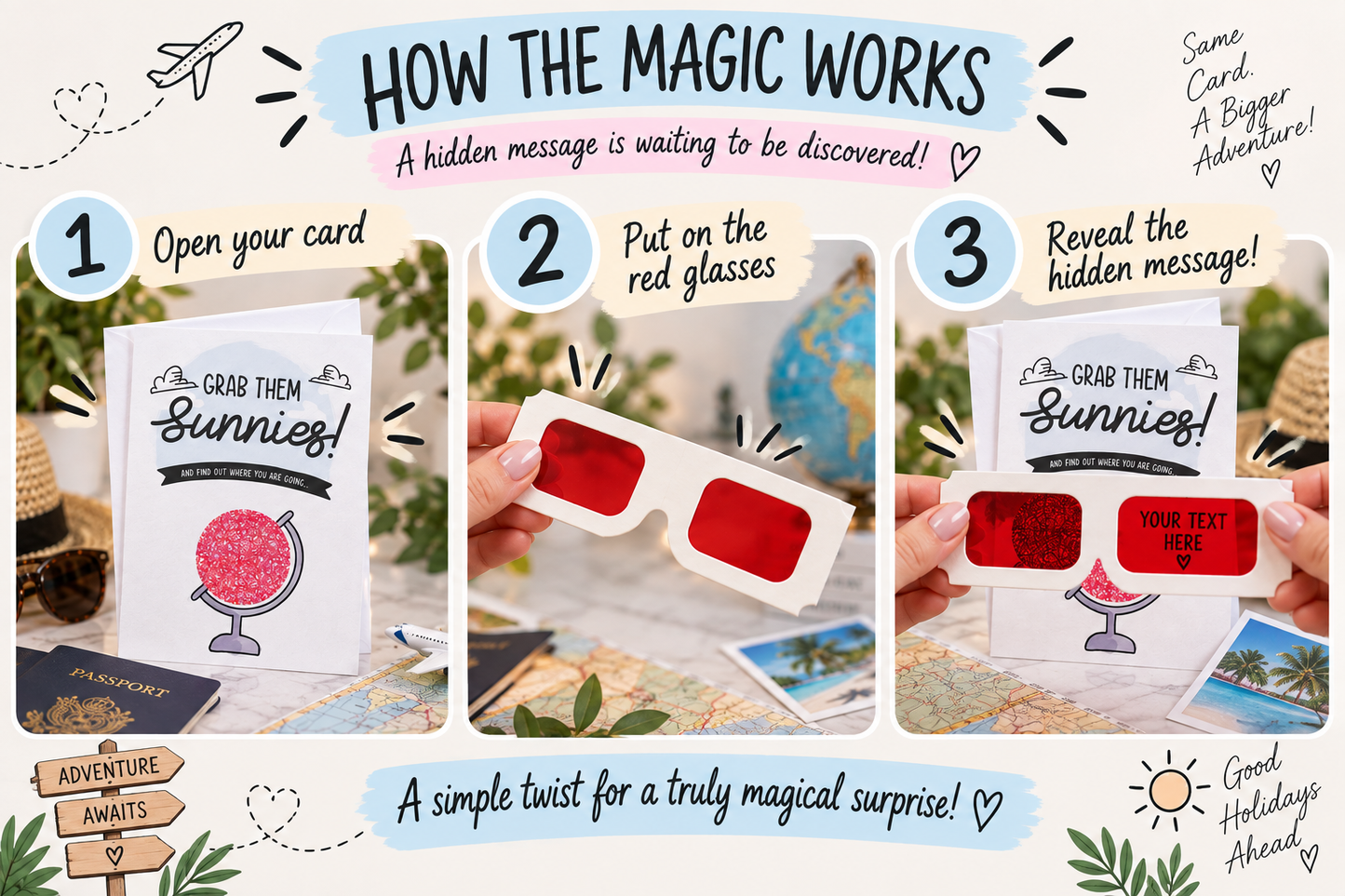 Personalised Holiday Reveal Card Surprise Trip Gift Secret Message Red Glasses Travel