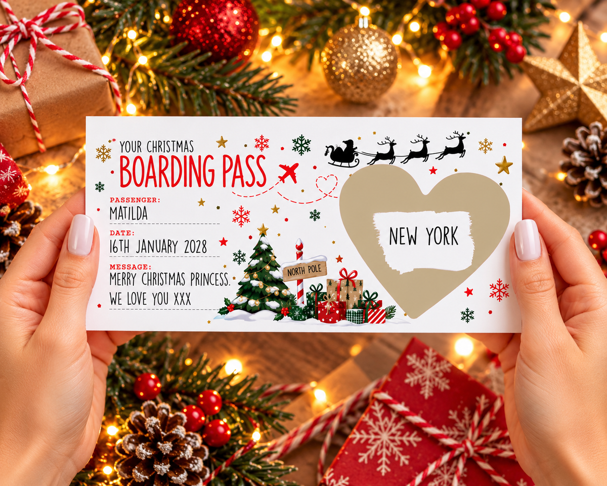 Personalised Christmas Holiday Reveal Scratch Off Card Boarding Pass Surprise Trip Gift