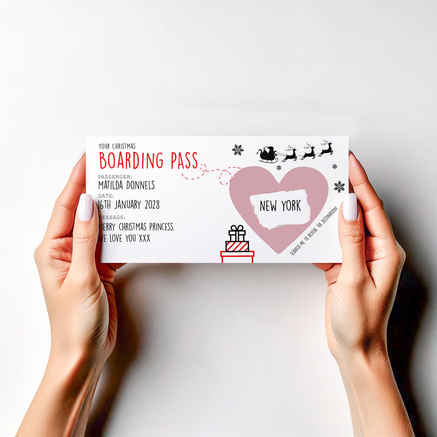 Personalised Christmas  Boarding Pass Scratch Card Surprise Reveal Holiday Plane Ticket
