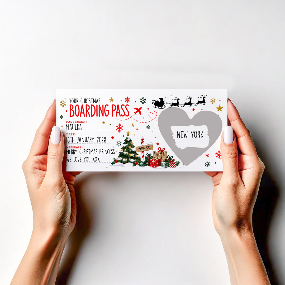 Personalised Christmas Holiday Reveal Scratch Off Card Boarding Pass Surprise Trip Gift