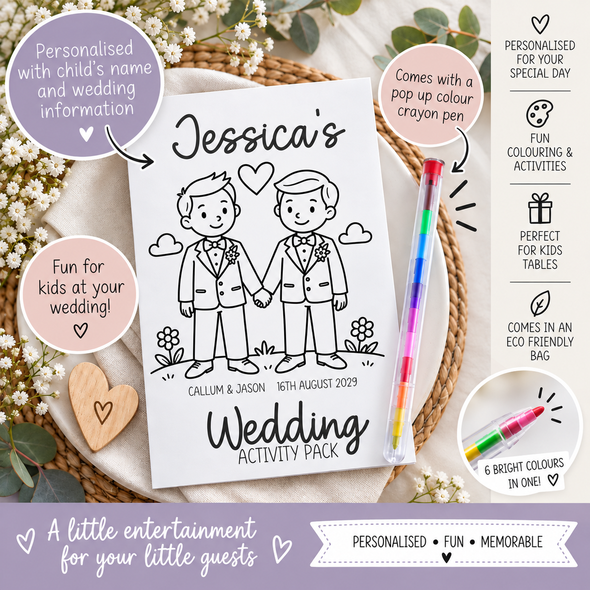 Personalised Gay Wedding Kids Activity Pack Two Grooms Colouring Book Favour