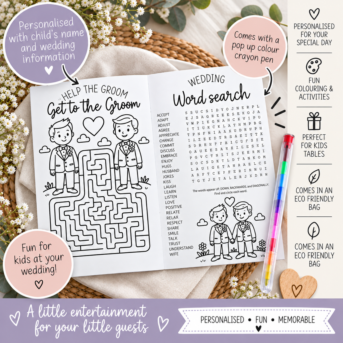 Personalised Gay Wedding Kids Activity Pack Two Grooms Colouring Book Favour