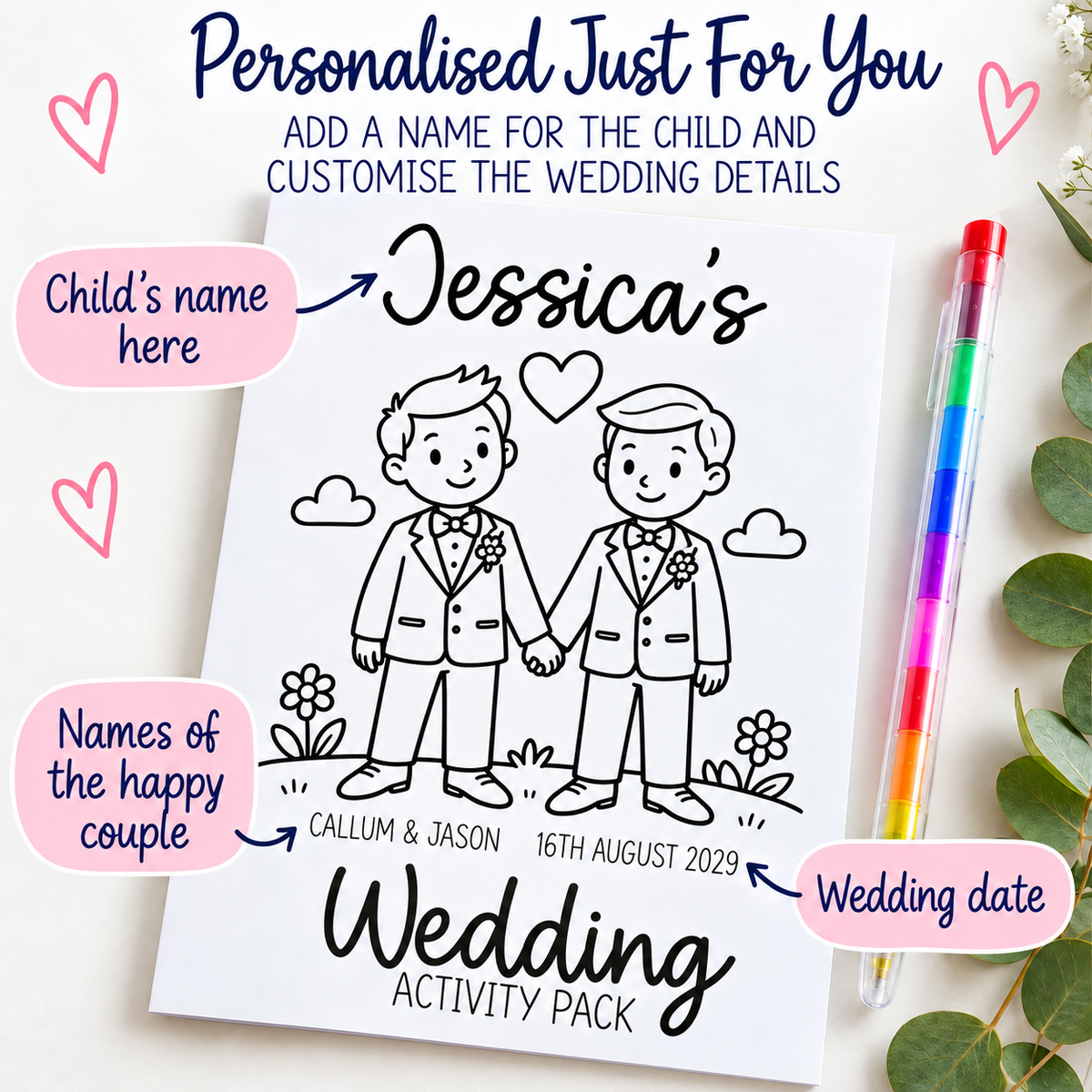 Personalised Gay Wedding Kids Activity Pack Two Grooms Colouring Book Favour
