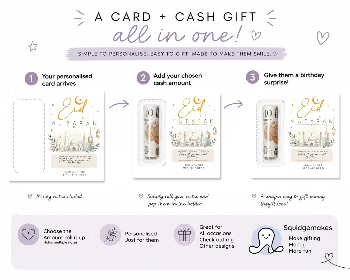 Personalised Eid Mubarak Money Holder Card, Eid Gift, Cash Gift Wallet