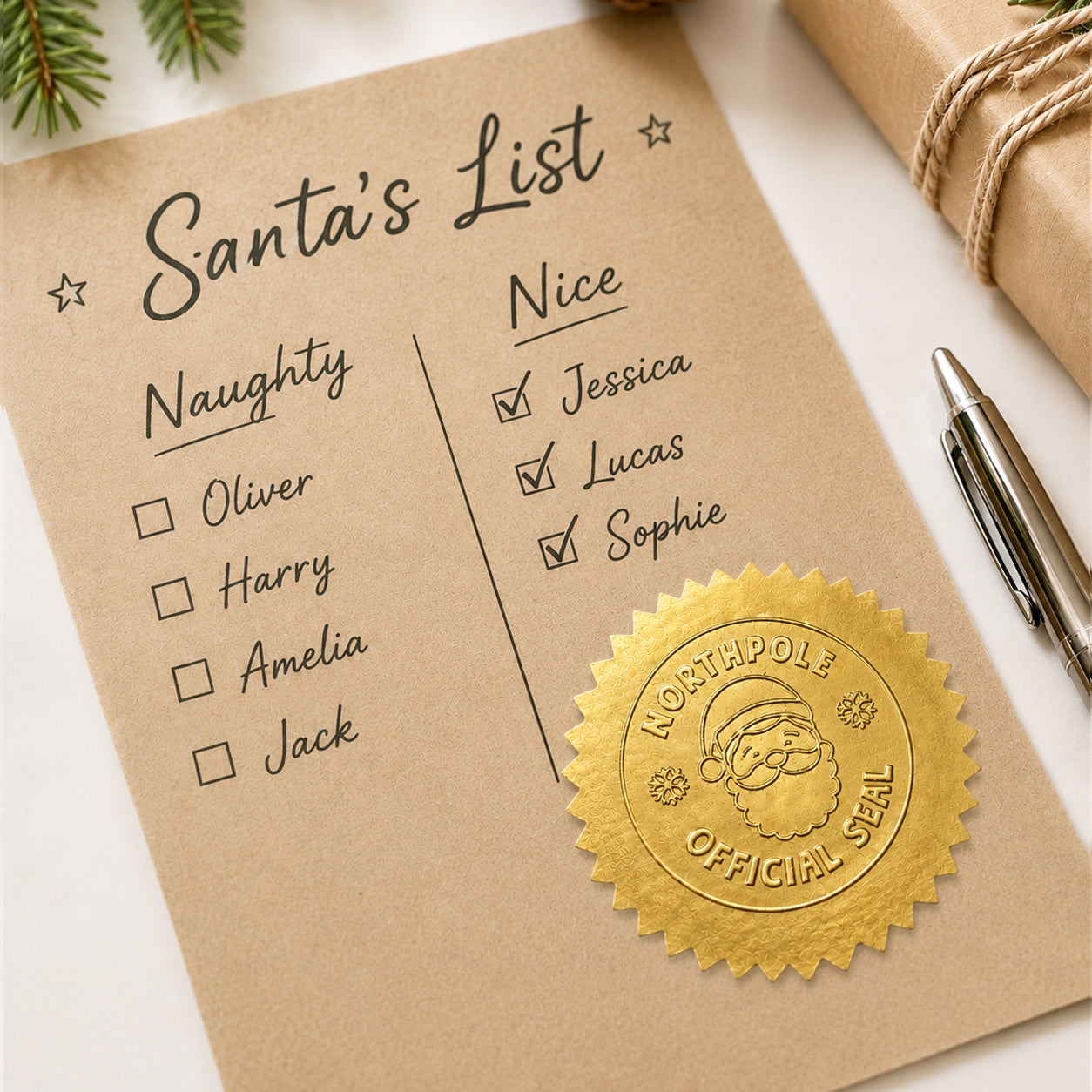 Gold Foil Santa Stickers – Hand‑Stamped North Pole Christmas Labels