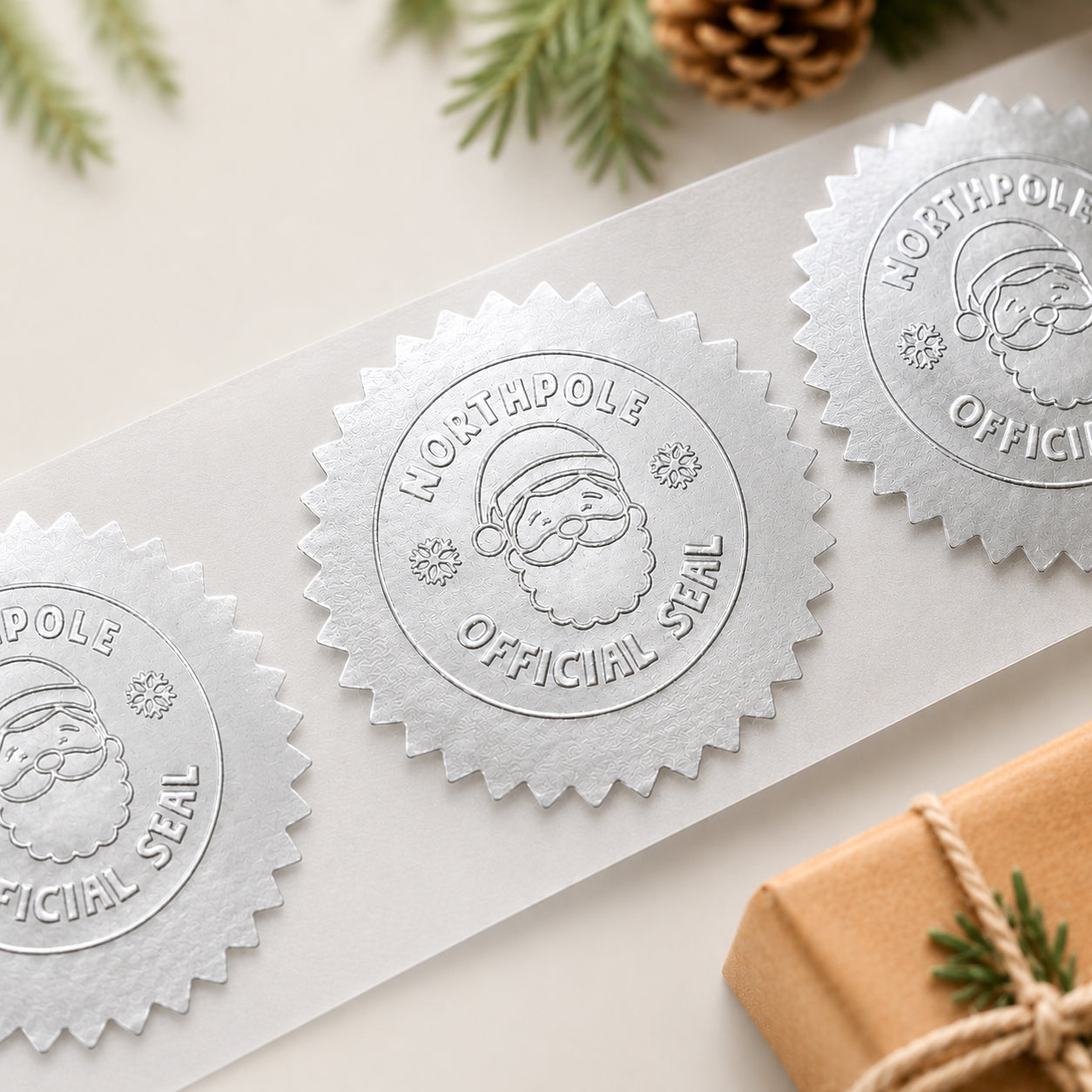Silver Foil Santa Stickers – Hand‑Stamped North Pole Christmas Labels