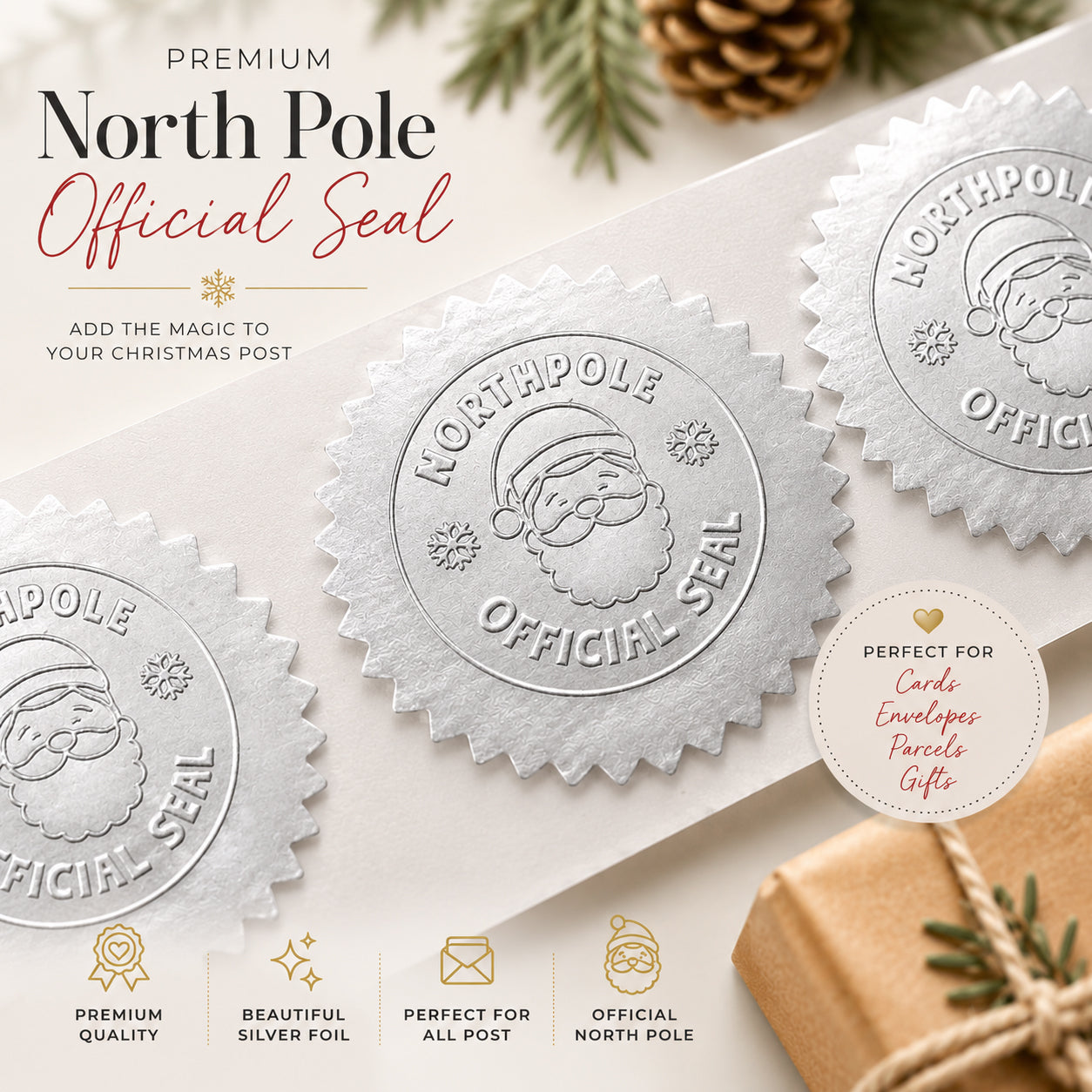 Silver Foil Santa Stickers – Hand‑Stamped North Pole Christmas Labels