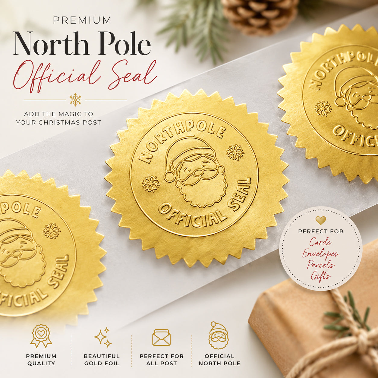 Gold Foil Santa Stickers – Hand‑Stamped North Pole Christmas Labels