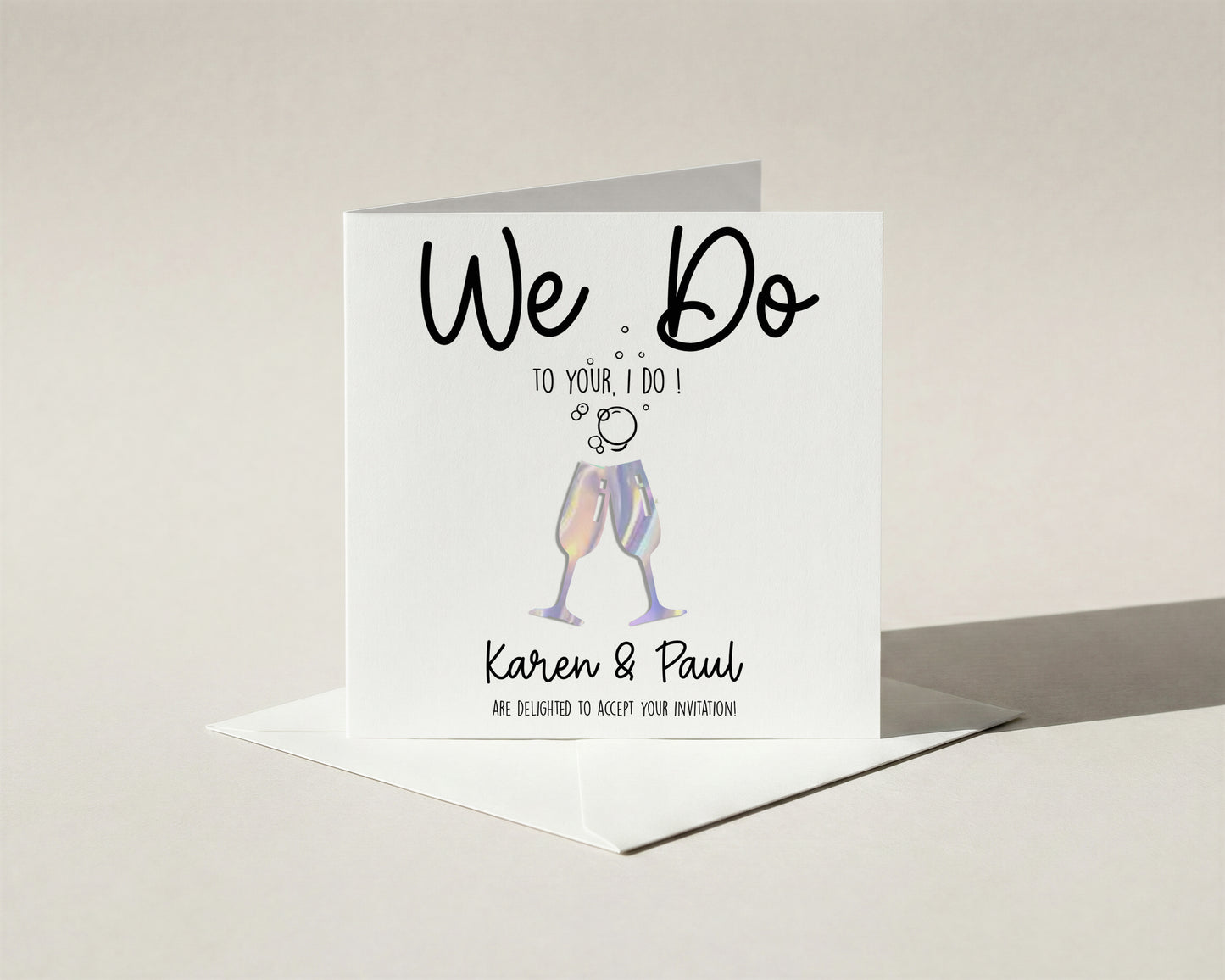 Personalised Wedding RSVP Card Holographic Champagne Glasses | acceptance Card | Elegant Foil Design