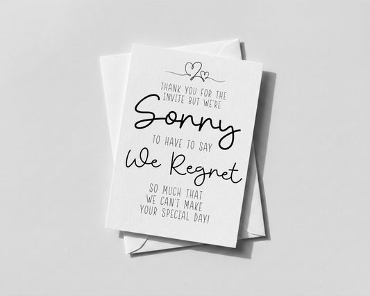Wedding Regret RSVP Card • Sorry We Can’t Make It • Formal Decline Acceptance Card