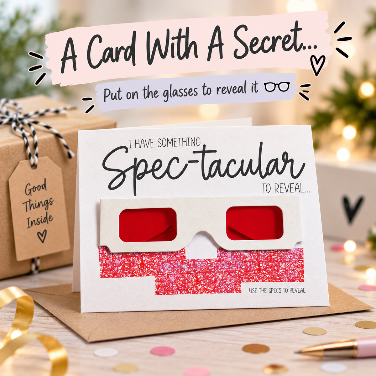 Personalised Surprise Reveal Card, Secret Hidden Message Glasses