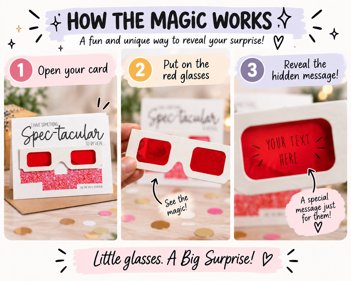 Personalised Surprise Reveal Card, Secret Hidden Message Glasses