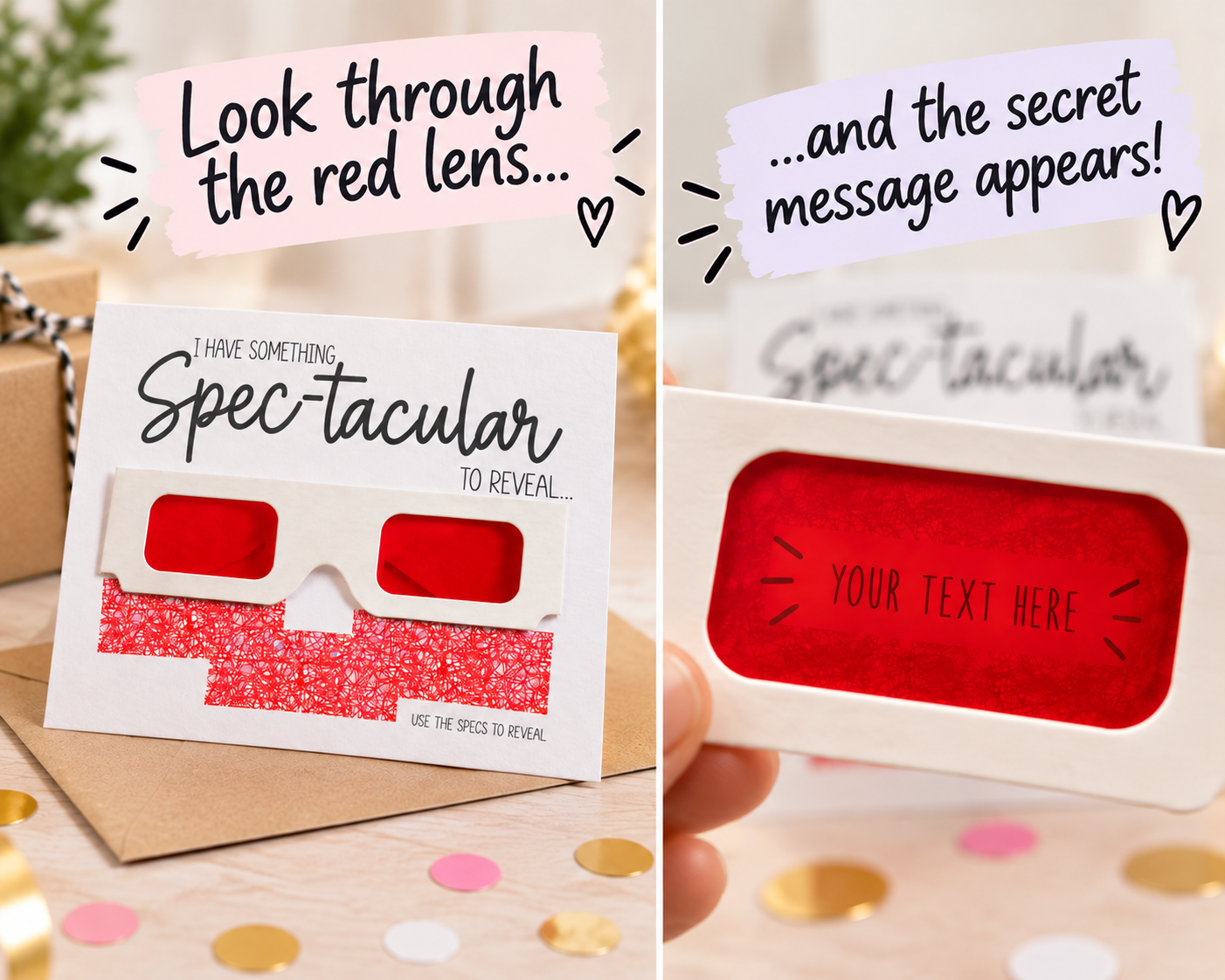 Personalised Surprise Reveal Card, Secret Hidden Message Glasses