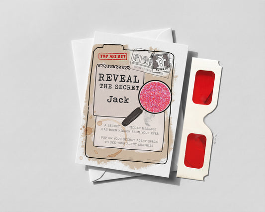Personalised Secret Agent Birthday Reveal Card – Spy Glasses Surprise Escape