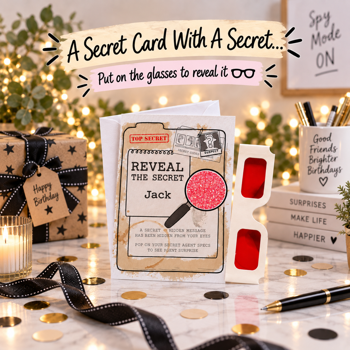 Personalised Spy Birthday Card, Secret Message Reveal Glasses, Kids Birthday Surprise Gift