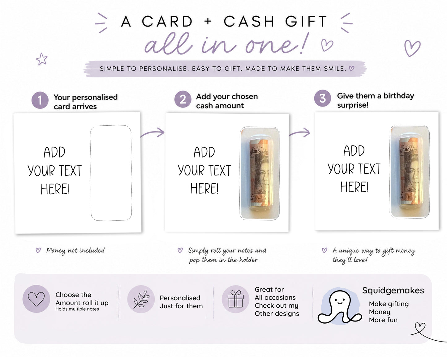 Personalised Money Card Cash Gift Holder • Custom Birthday Gift • Create Your Own Text